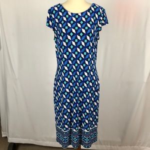 Liz Claiborne Blue Green & White Geometric Print Cap Sleeve Dress - Size Medium